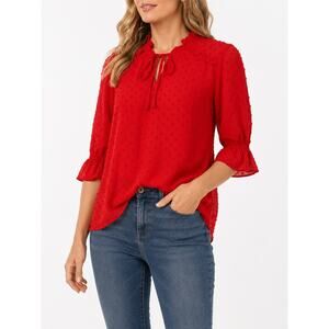 CECE Clip Dot Ruffle Tie Neck Blouse Red Romantic Holiday Career Plus NWT | 2X